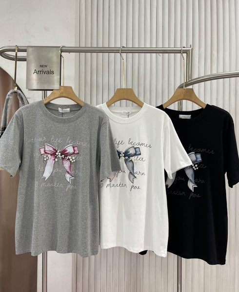 Casual Pearl Decor Women T-Shirts
